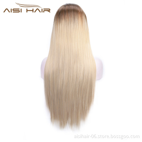 Aisi Hair Ombre Blonde Lace Front Long Wigs Heat Resistant Synthetic Fiber Long Silk Straight Lace Front Wigs For Women